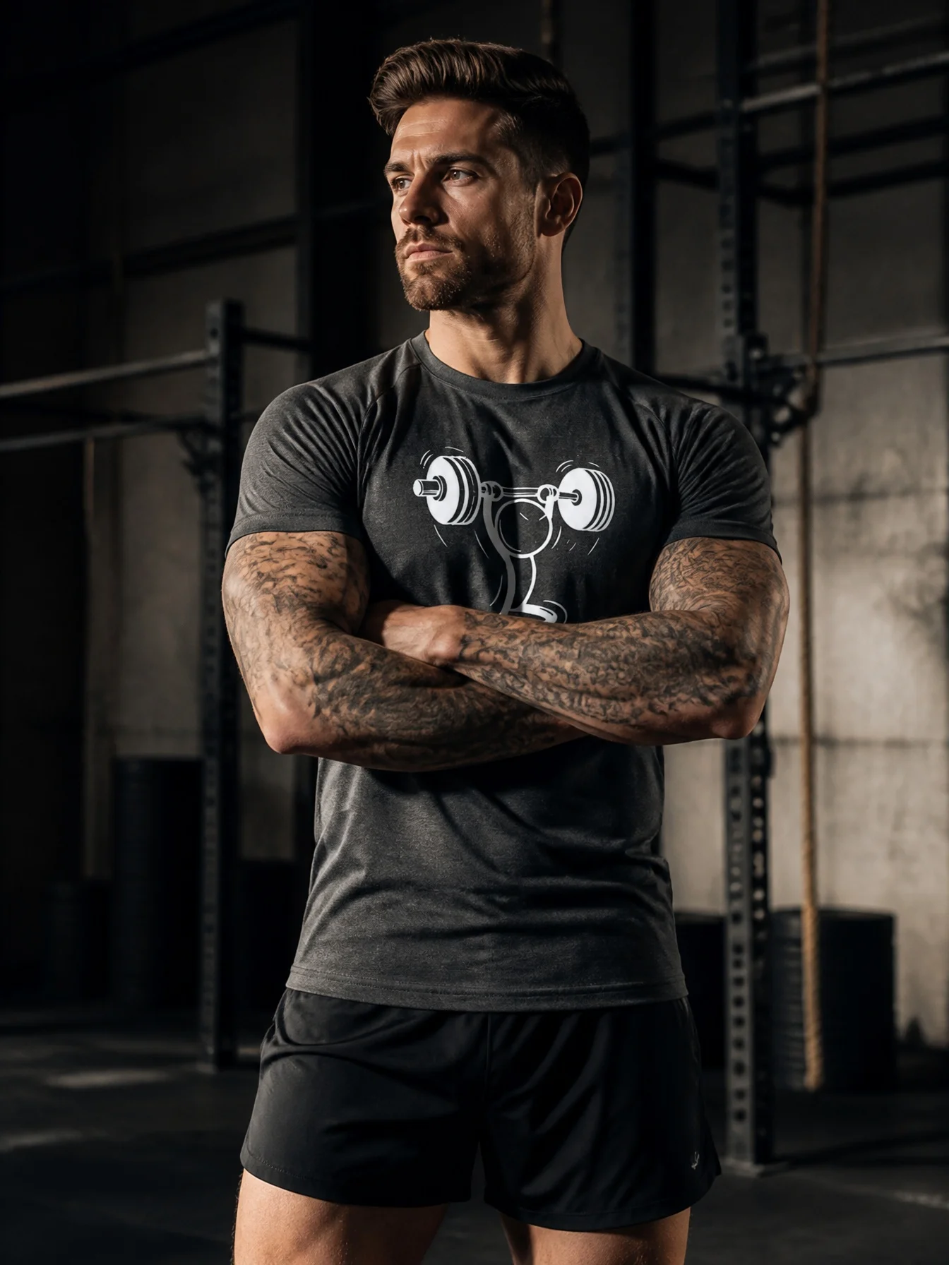 Dumbbell Weightlifting Little Man Print Men's Sports T-Shirt, Ice Silk High Elasticity Non-Slip Fitness Training Outdoor Jacket