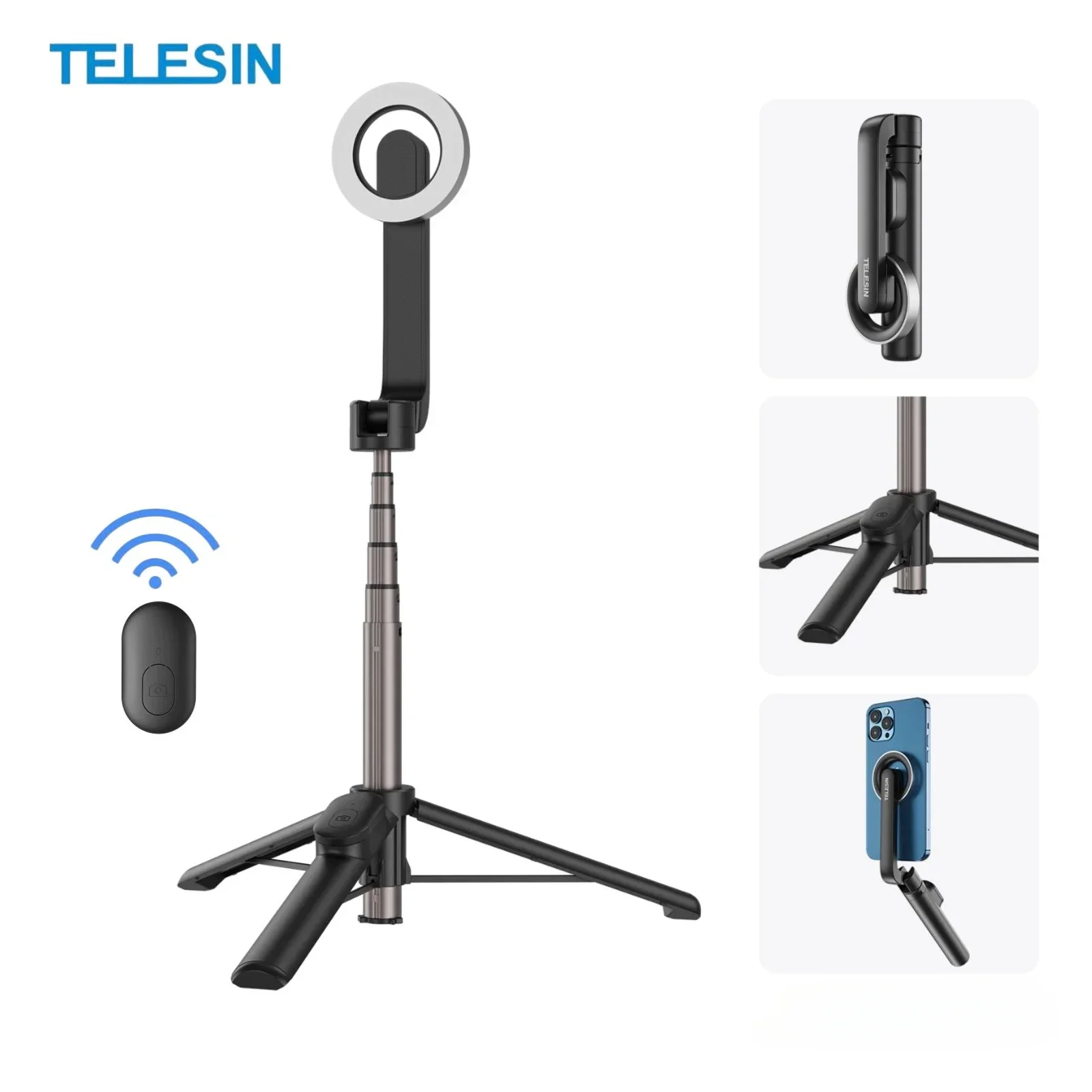 

TELESIN Magsafe Selfie Stick Tripod with Remote Control for iPhone 16 15 14 13 Android Accessories Portable Tripod Phone Stand