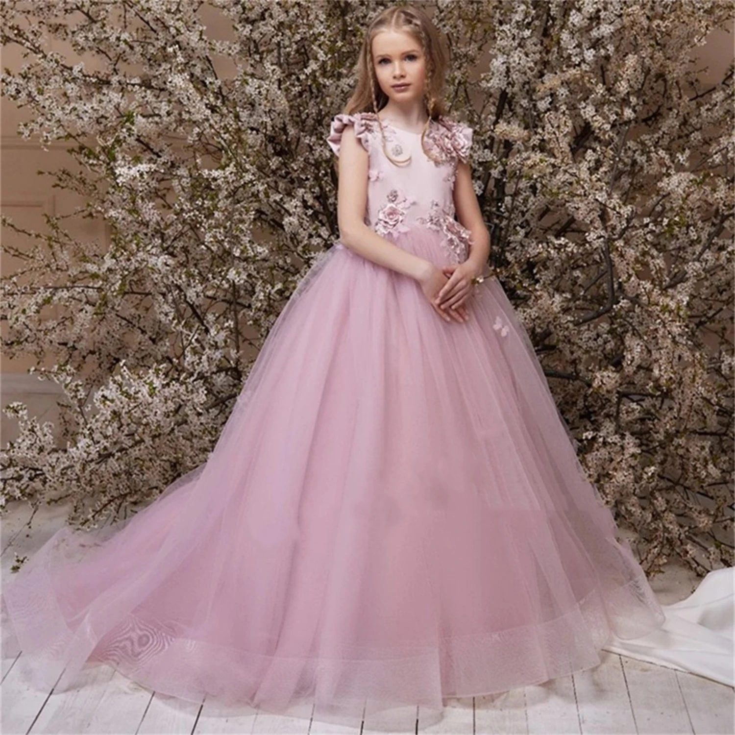 Elegant Pink Flower Girl Dress For Wedding Tulle Sleeveless With Big Bow Puffy Kids Birthday Ball Gown First Communion Dress