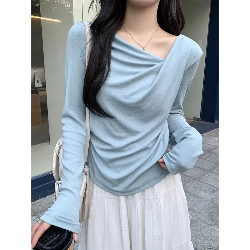 

Pure Desire Off-Shoulder Long Sleeve Knitted For Women, Autumn And Winter, Scoop Neck, Asymmetrical Shoulder, Ruched, Slim Fit,