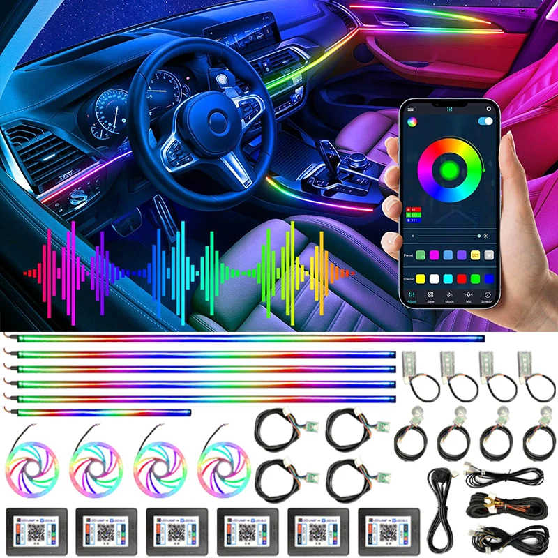 Car 64 RGB Acrylic Ambient Lights LED Symphony Remote App Control Auto Interior Accessories Rainbow Atmosphere Lamp Strips 22in1