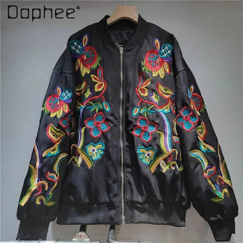 Vintage Embroidered Jacket Women 2025 Autumn New Fashion European Style Long Sleeve Zipper Casual Top Quilted Baseball Jacket
