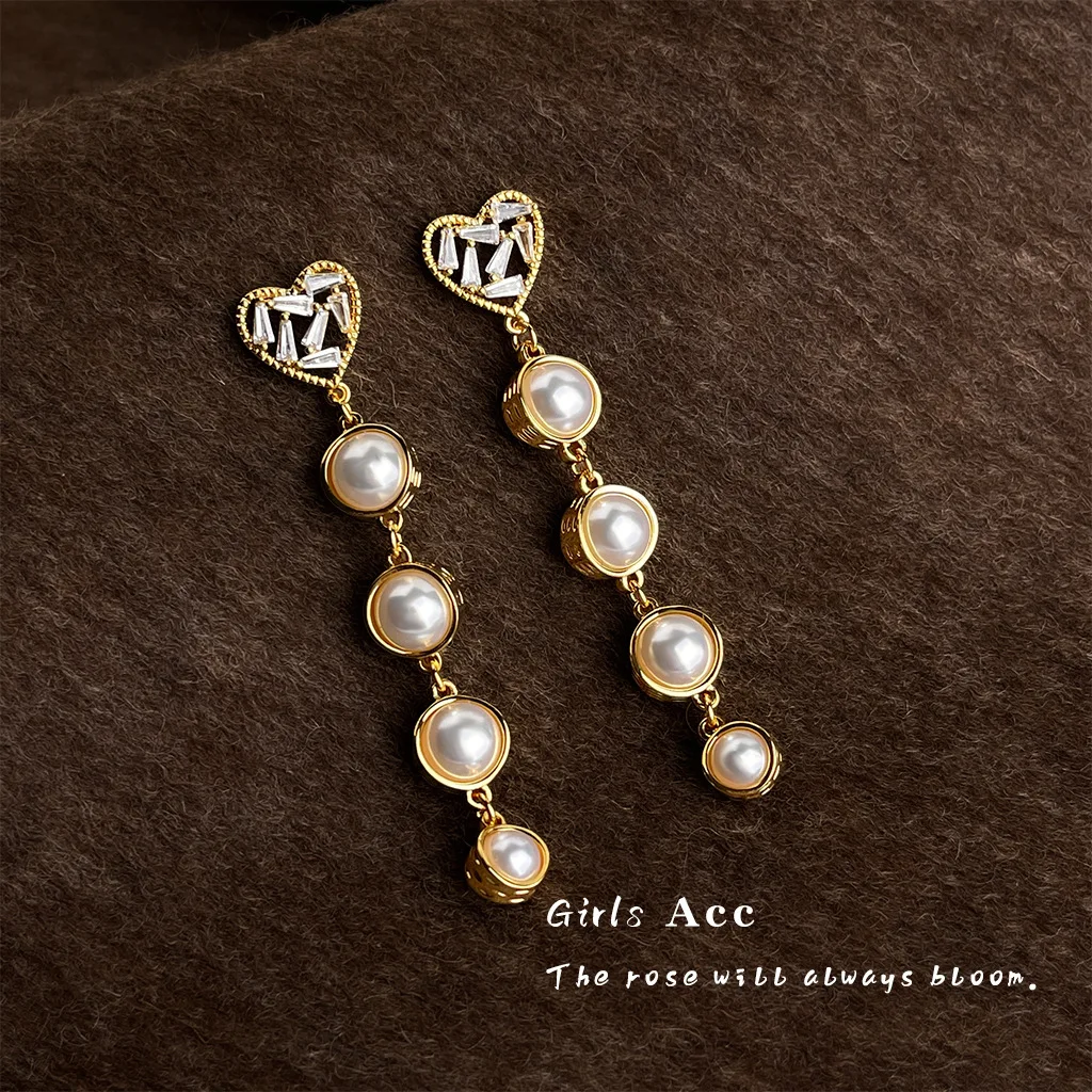 

Luxury French Style Heart Zircon Pearl Earrings Long Tassel Drop Earrings Fashion Commuter Elegant Womens Jewelry