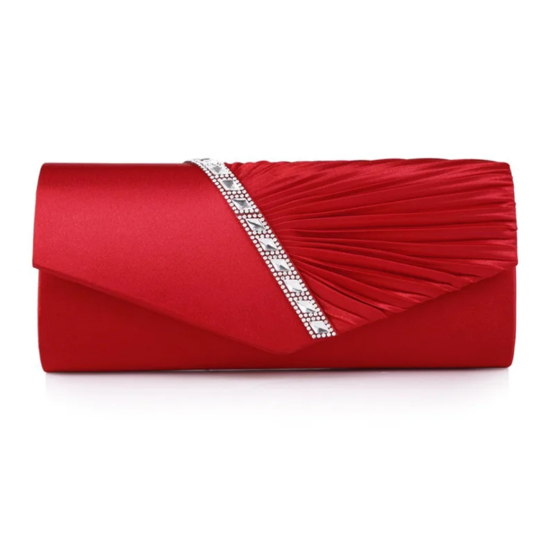 Luxury Shoulder Pouch 2024 Red Evening Party Clucth Envelope Bag Female Girl Folds Rhinestone Decor Chain Clutch Bags For Women