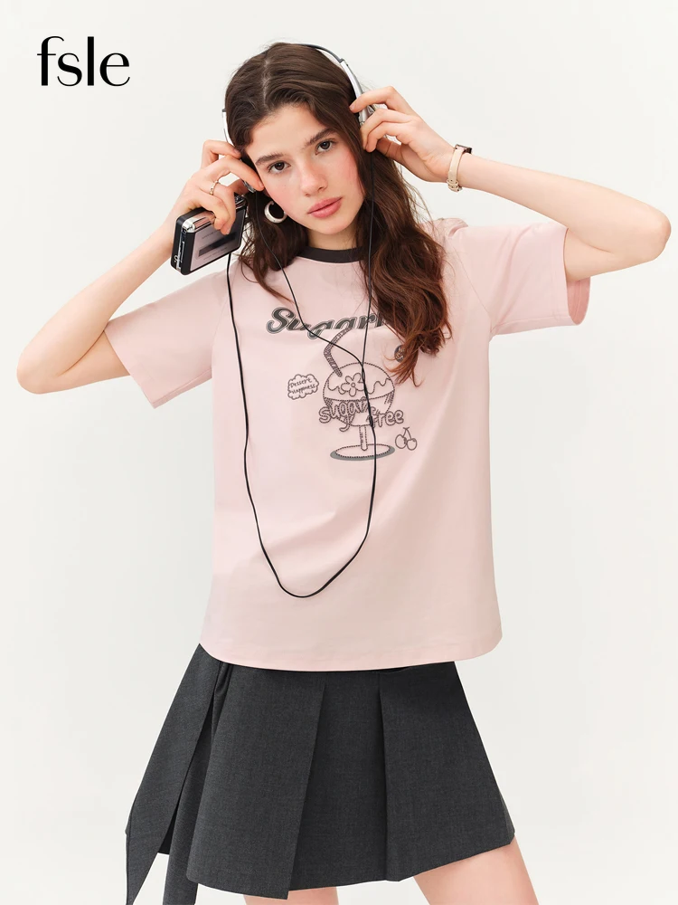 FSLE Fun and Youthful Women's Short Sleeve T-shirt 2026 Summer New Cute Casual Tops Cotton Contain Three Colors Printed T-shirt
