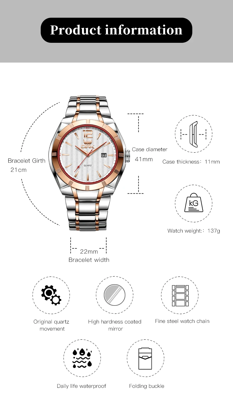 ساعة كوارتز من الفولاذ المقاوم للصدأ للرجال من OPK ، مقاومة للماء ، تقويم ، كلاسيكي ، عمل ، علامة تجارية فاخرة