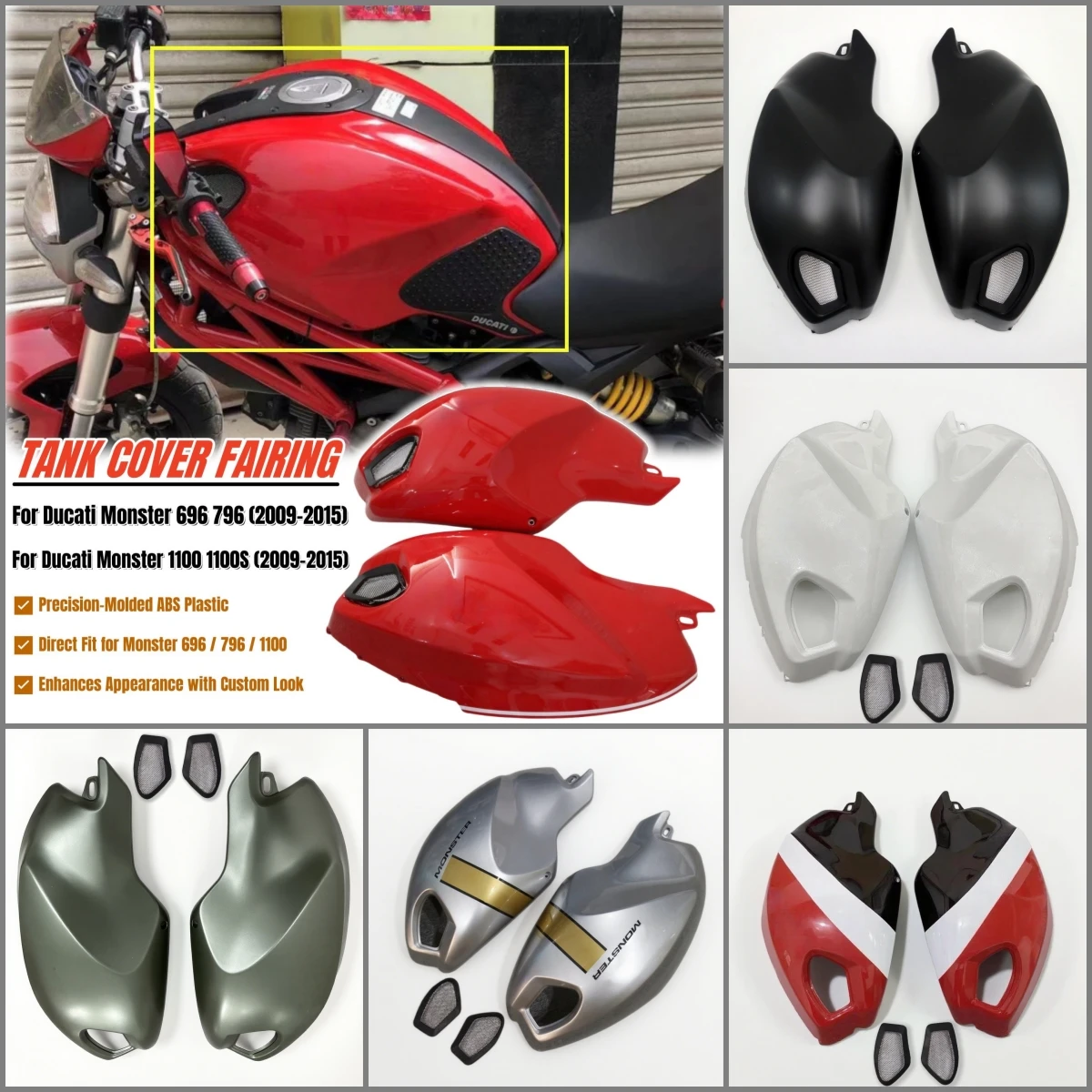 Комплект обтекателя крышки бака мотоцикла для Ducati Monster 696 796 1100 1100S EVO 2009 2010 2011 2012-2015, панели кузова, аксессуары из АБС-пластика Комплект обтекателя крышки бака мотоцикла для Ducati Monster 696 796 1100 1100S EVO 2009 2010 2011 2012-2015, панели кузова, аксессуары из АБС-пластика