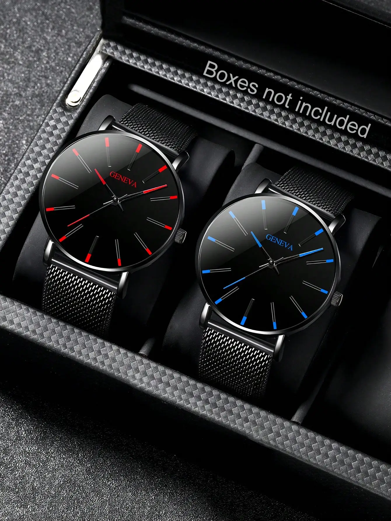 

Набор из 2 мужских минималистичных кварцевых часов с сетчатым ремешком и красными и синими стрелками