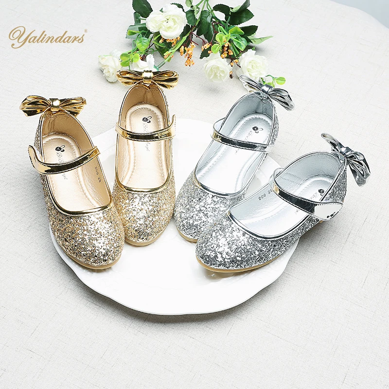 Girl's bowknot princess dress shoes kids performance shoes bling sequins flat heel children shoes