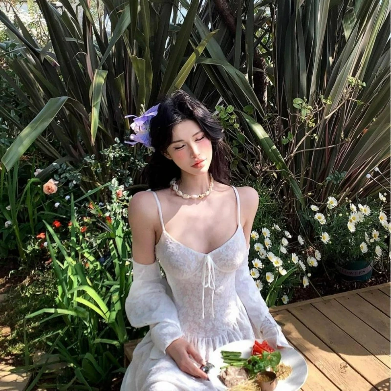 French Suspender Dress Women's Spring New White Jacquard Cardigan Long Skirt Set Vacation Waist Skirt Comfortable Fashionable