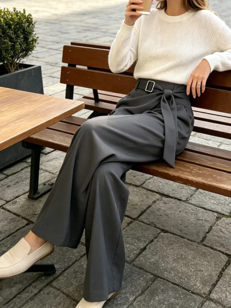 Women Solid High Waist Suit Trousers  Chic Wrap Obi Belt Tie Pleat Draped Wide Leg Long Pants Daily Commute Business Casual Wear