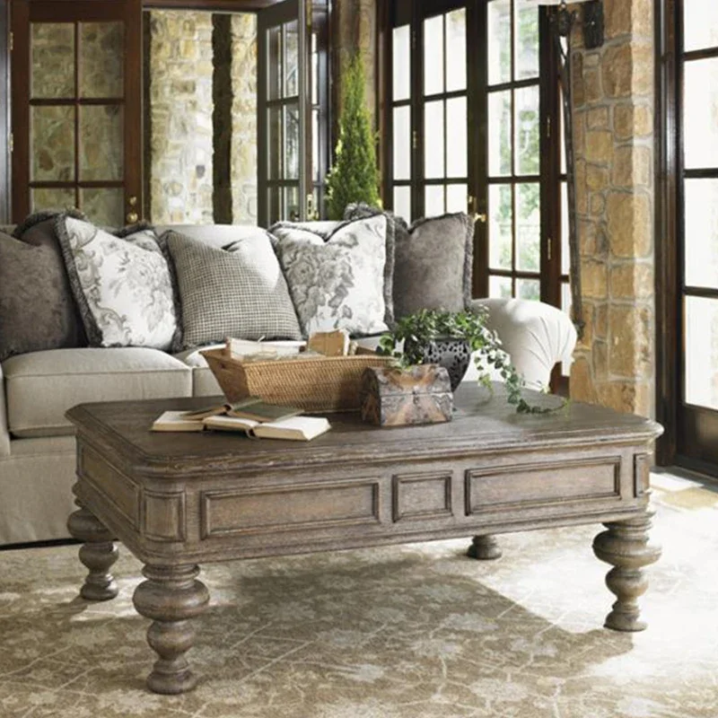 

ls 27 Retro solid wood coffee table high drawer storage tea table antique weathered gray Roman column design old