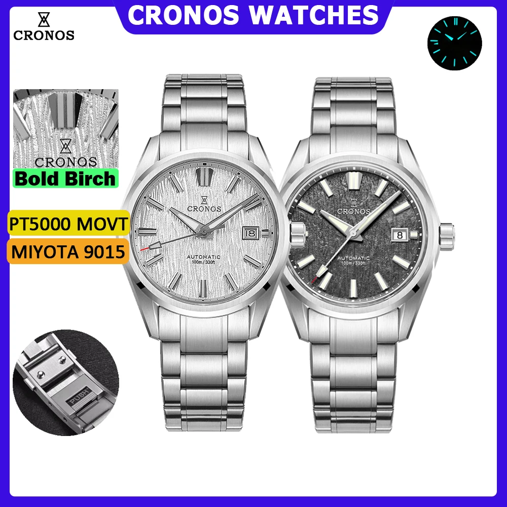 Cronos Men Watch 39mm Automatic Wristwatches White Dial Solid Links Sapphire 10 ATM L6037M