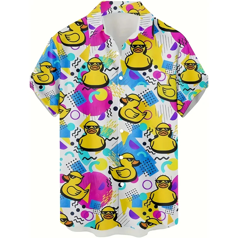 

Men'S Summer Casual Hawaiian Shirt, Vibrant Retro Cartoon Ducks Print, Short Sleeve Button-Up Lapel, 100% Polyester, Breathable