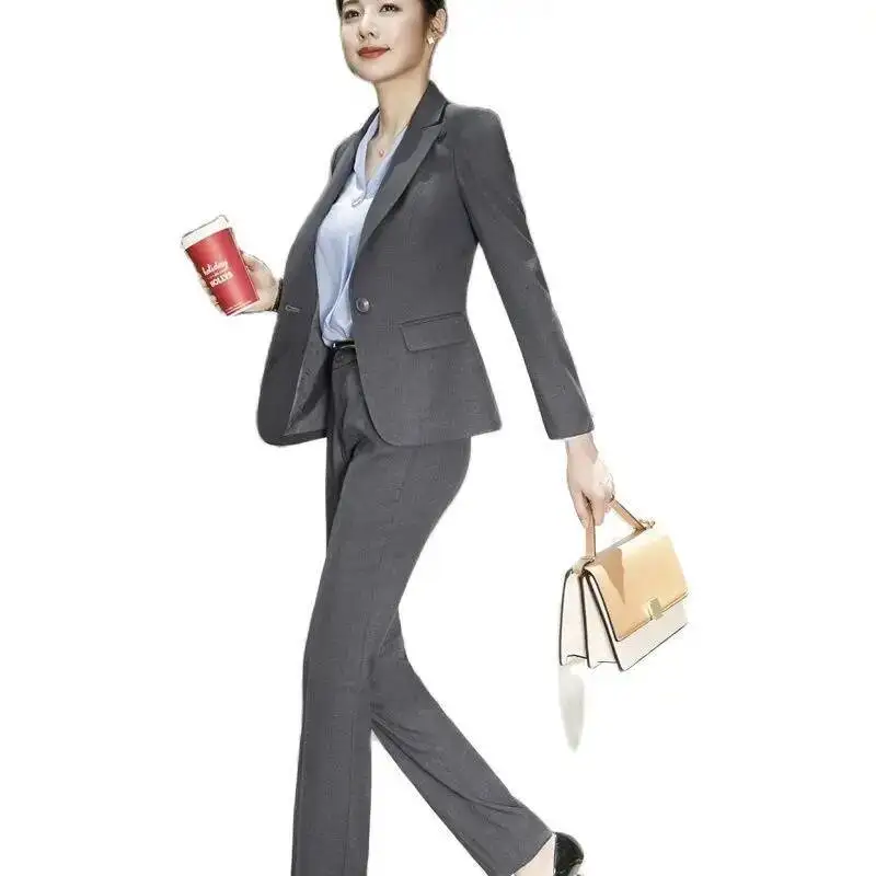 

High Quality Fabric Eleagnt Grey Blazers Women Business Suits With Jackets and Pants Ladies Office Work Wear Pants Suits Blazer