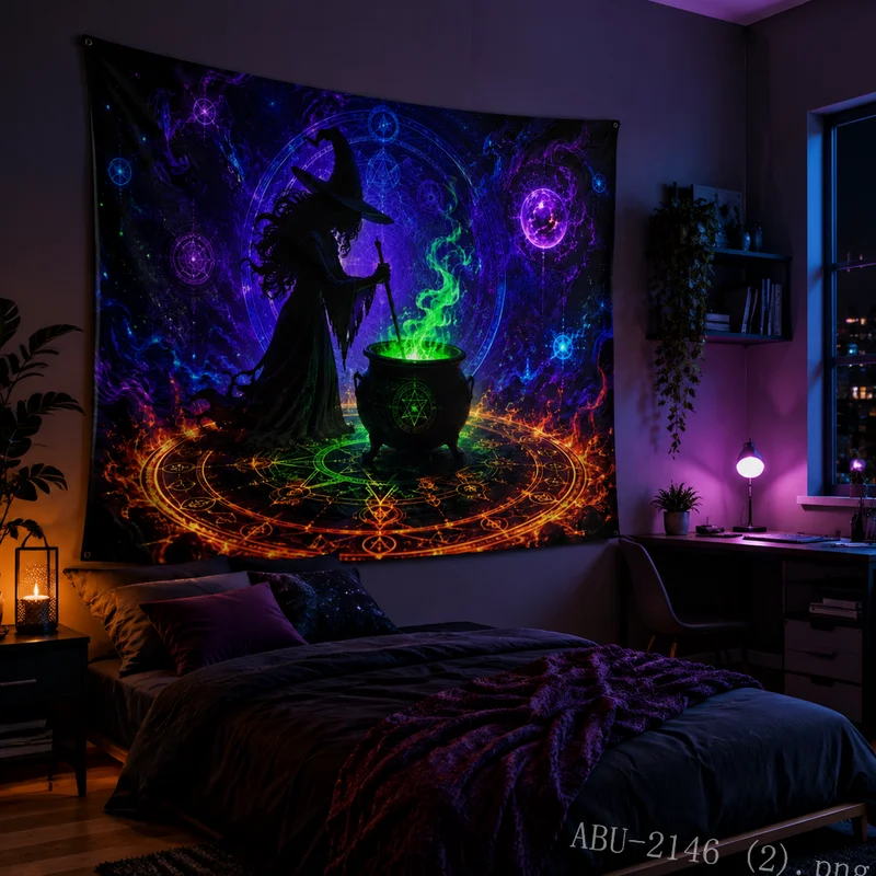 VIKAMA Psychedelic Green Witch Pumpkin Tapestry Magic Smoke Gothic Halloween Wall Hanging Bedroom Dorm Background Decor