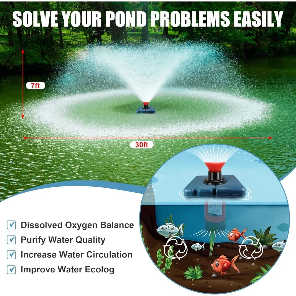 Pond Fountain Aerator, PowerfuI Floating Pond Fountain Pump With 100 FT Power Cord, Outdoor Pond Aerating Fountains Cascade Pump