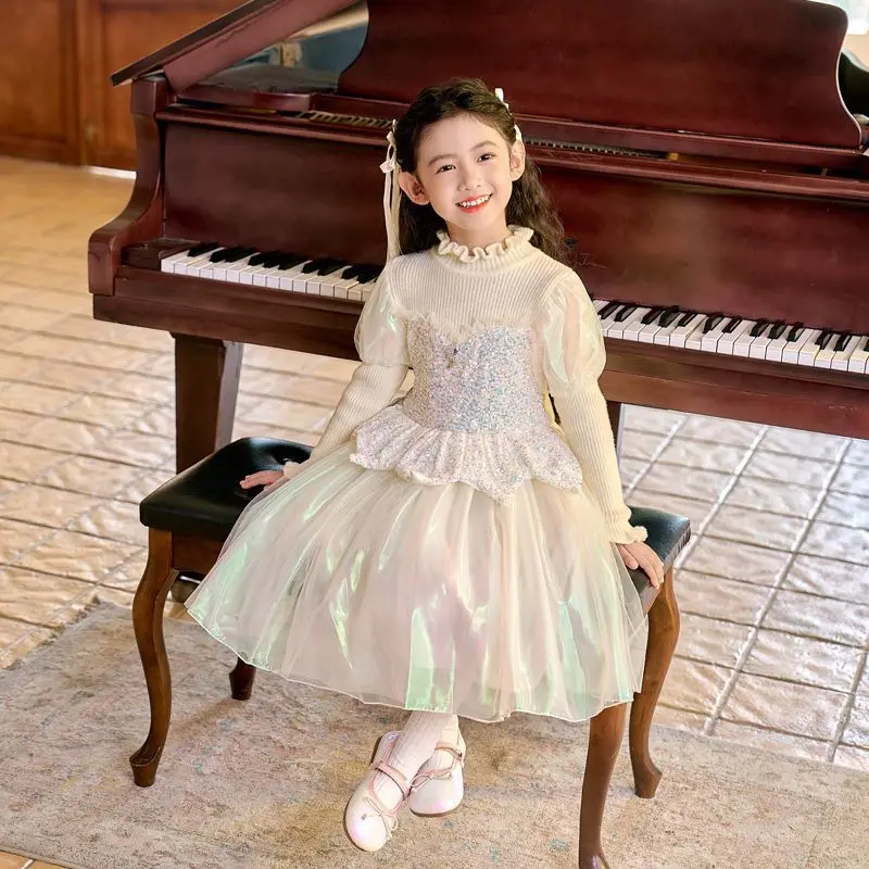 

Girls' Dress Autumn and Winter Fashionable Princess Dress Bow Woolen Skirt Girls Sequins Tulle Skirt