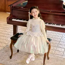 Girls' Dress Autumn and Winter Fashionable Princess Dress Bow Woolen Skirt Girls Sequins Tulle Skirt