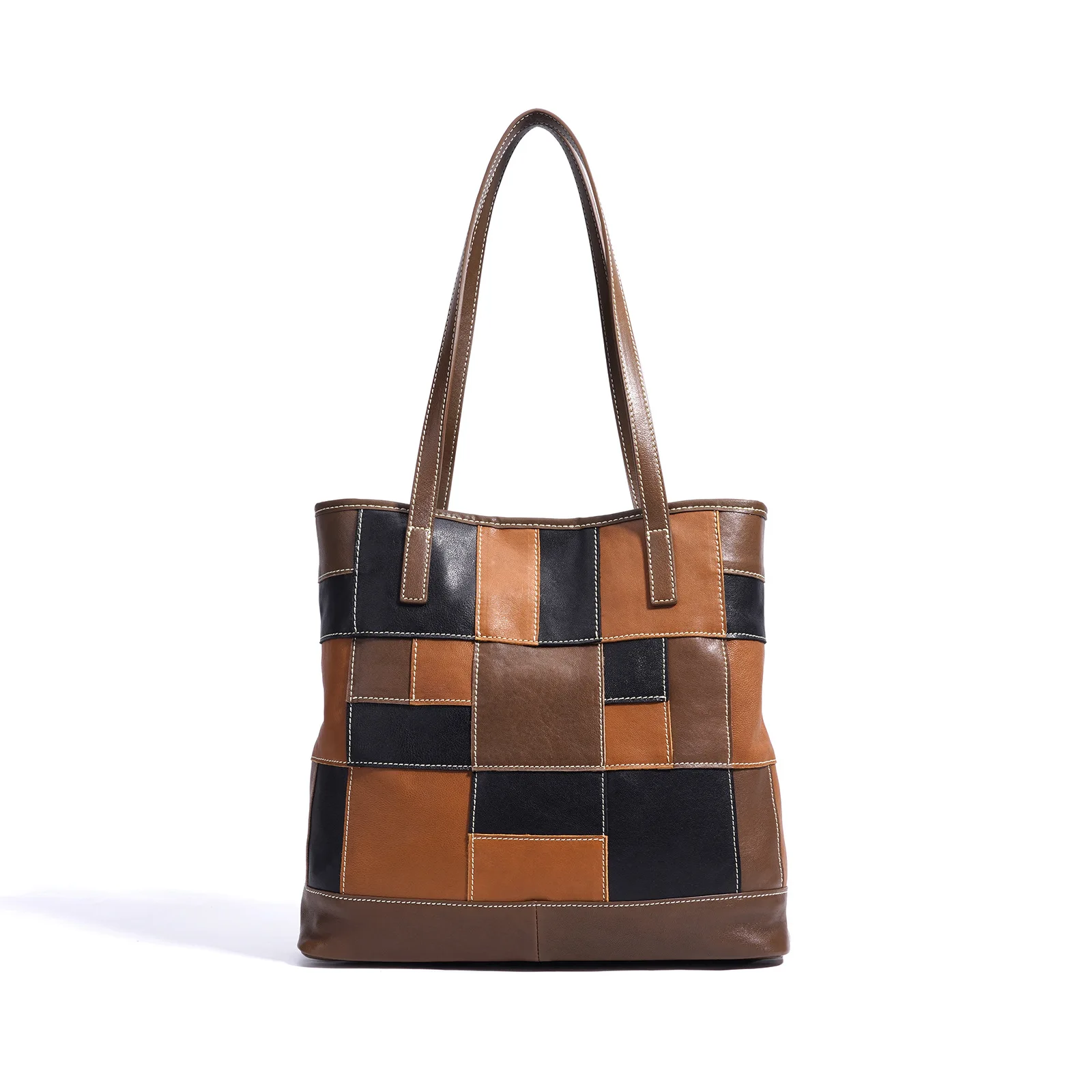 

Sheepskin patch tote bag 2025 new niche design large capacity genuine leather vintage shoulder bag fashionable ladies handbag