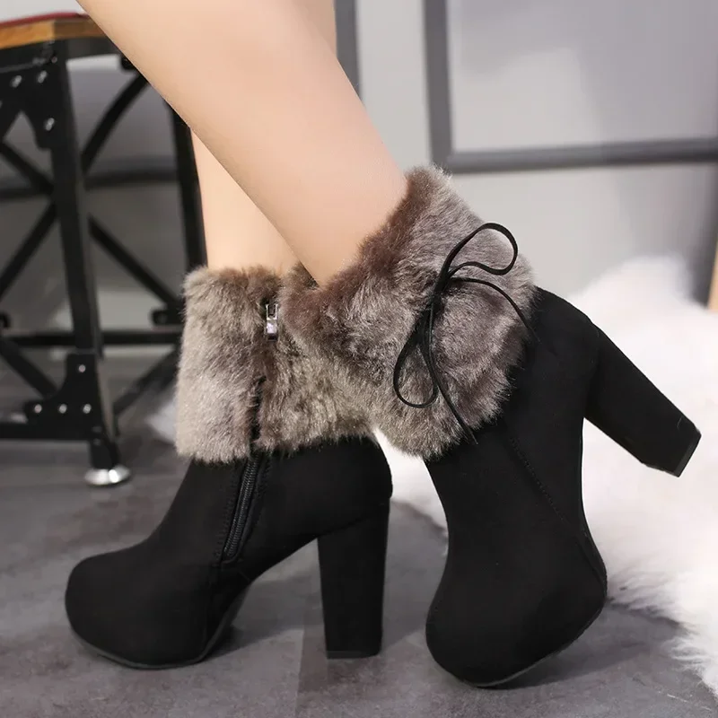 Plus Size Winter Side Zipper Chunky Heel Short Boots for Women Plus Velvet Keep Warm Women's Platform Shoes Ladies Ankle Boots