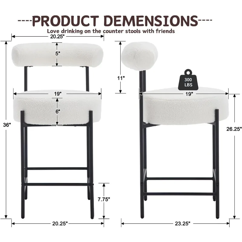 Taburetes de bar Sherpa modernos, juego de 2 taburetes de bar Boucle blancos con respaldo tapizado, taburetes de mostrador de 26 pulgadas con metal negro