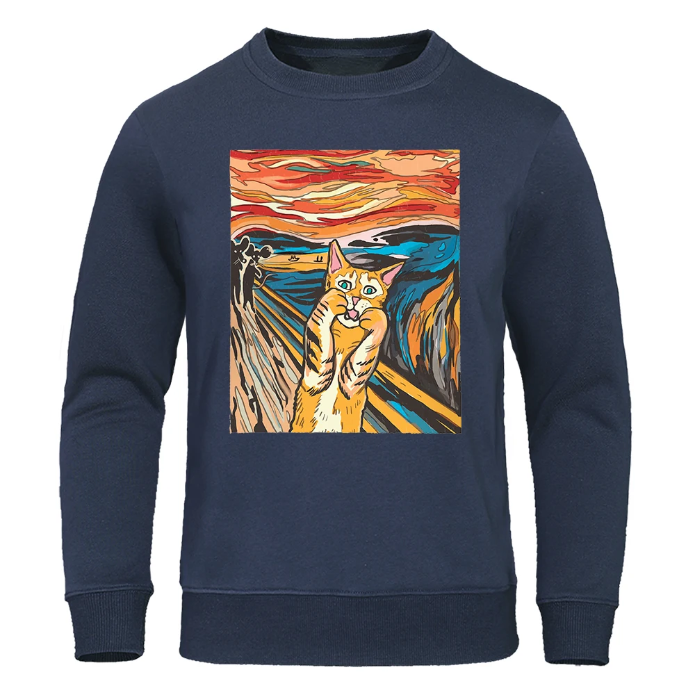 Orange Cat Spoof Art Famous Painted Hoodies Men Hip Hop Fleece Long Sleeves Pullover Clothes Autumn Loose Casual Sweatshirts