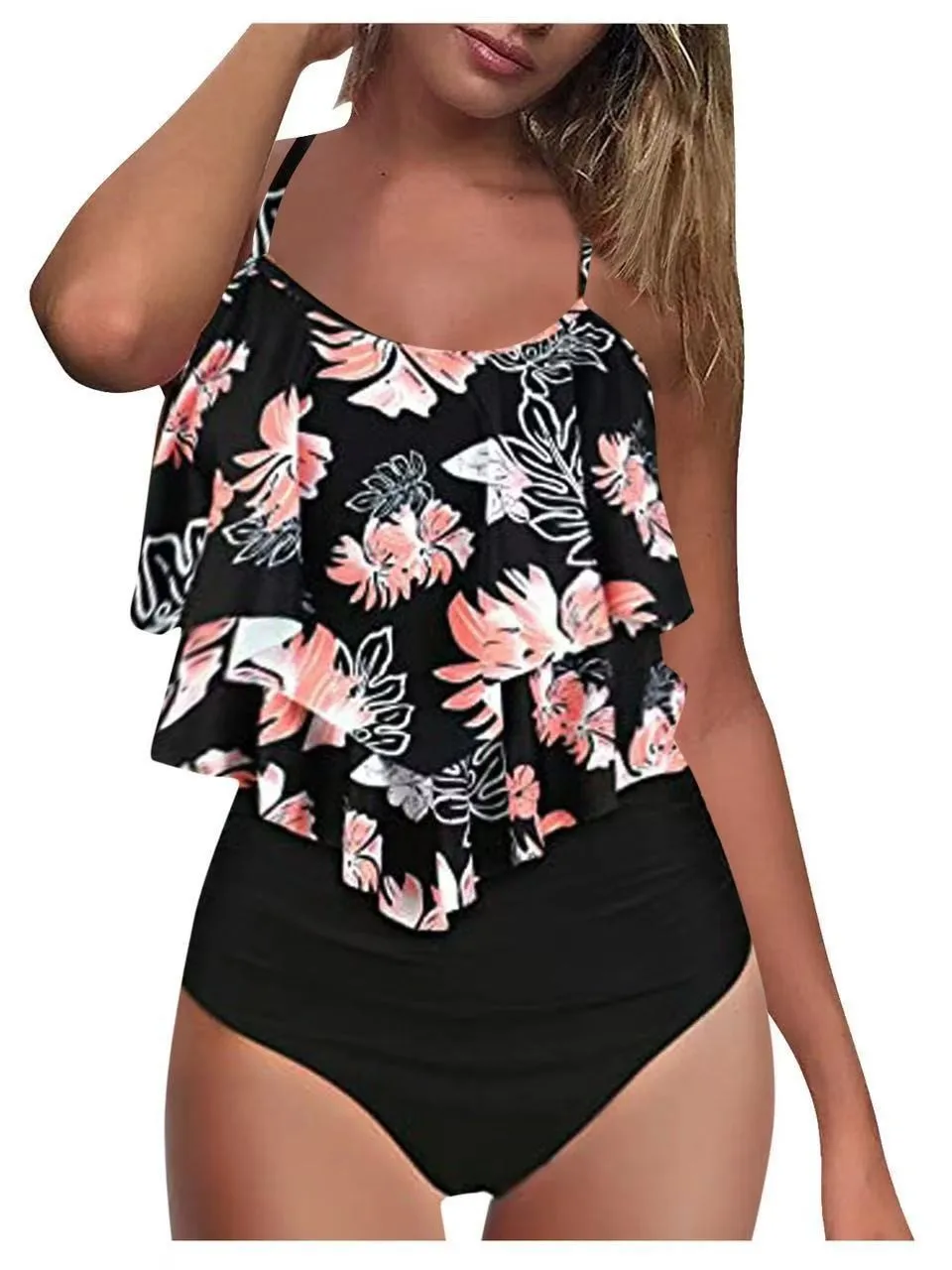 Seductive Swimsuit Elegant Black DoubleRuffle Swimsuit Backless Removable Padded Bikini Luxury HotSpring Resort Swimwear