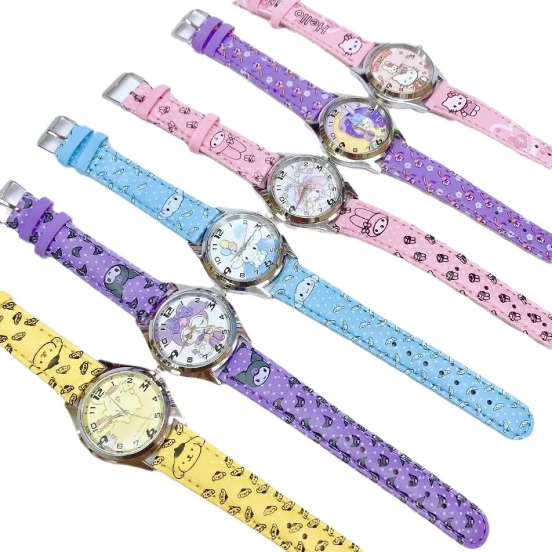 Cute Anime Sanrio PU Leather Electronic Watch Kulomi Big Ears Dog Melody Children's Watch Paired with Gift Box