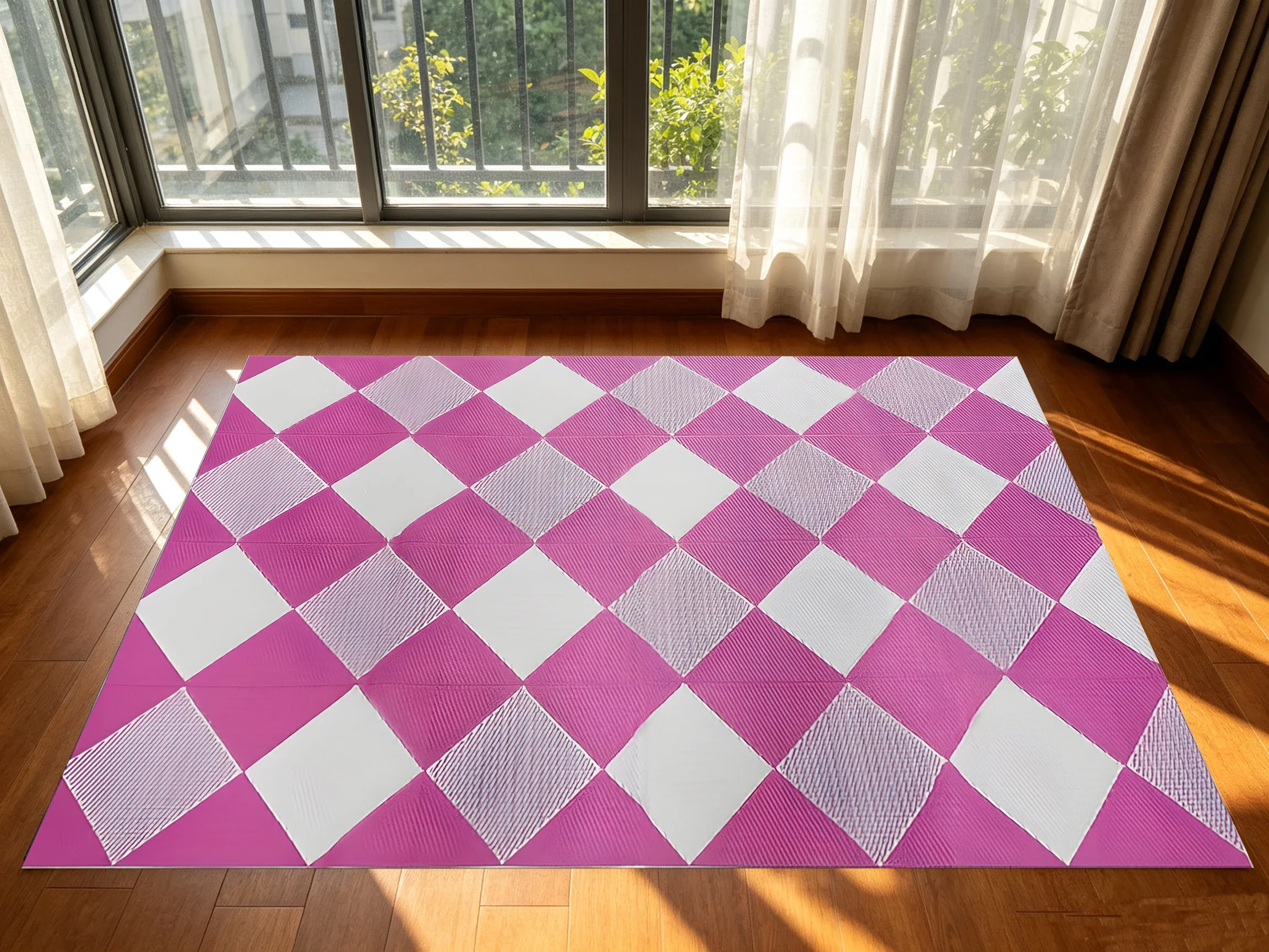 2D Velvet Rug in Pink White & Gray Diamond Pattern – a Simple, Soft, & Comfortable Option for Living Rooms & Bedrooms, with