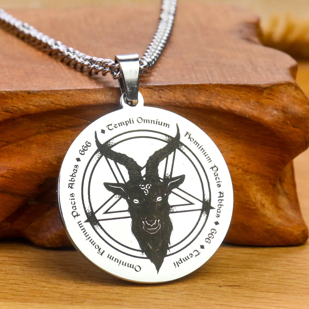 Stainless Steel Lucifer Satan Necklace 666 Demon Round Pentagram Solomon Pendant Geometric Patterns Skull Goat Head Amulet