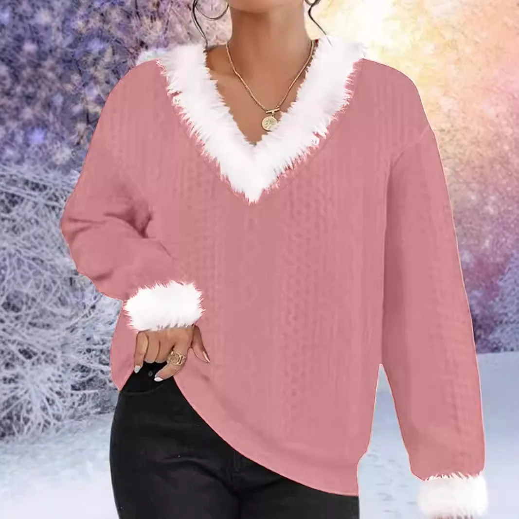 Pull Femme noël polyvalent tricoté Pull Femme laine col en v à manches longues Pull couleur unie haut ample Pull Da Donna