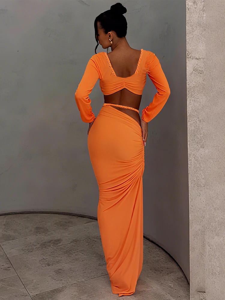 Nibber Chic Plooien 2-delige set Dames Lage hals Twist Touw Crop Tops + Tailleloze Rokken Strandfeest Vakantie Bijpassende elegante pakken