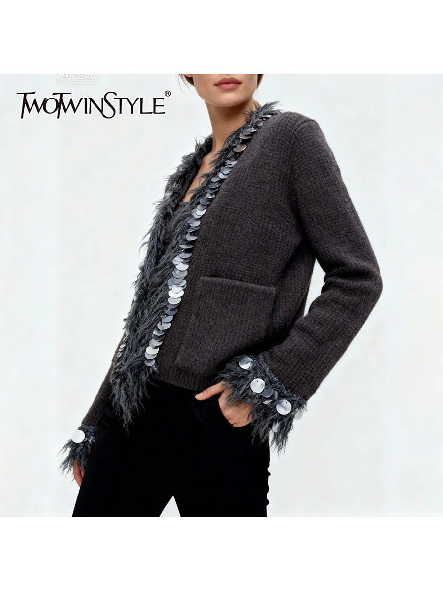 

TWOTWINSTYLE Solid Spliced Sequins Fashion Jackets for Women V Neck Long Sleeves Patchwork Tassels Casual Jacket Female Clothing