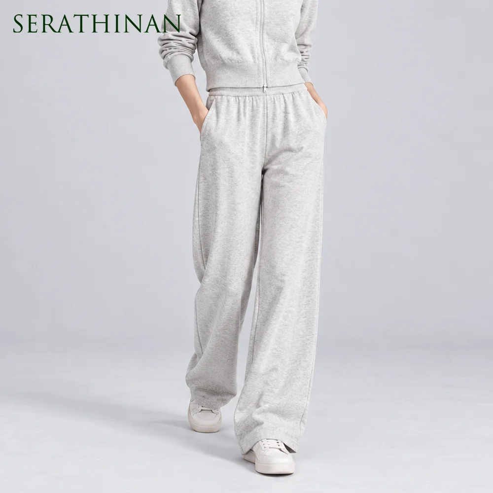 MZ62023 Classic Wide Leg Knit Pants Women's Soft Modal Blend High Waisted Elastic Waist Straight Trousers Side Pockets Autumn
