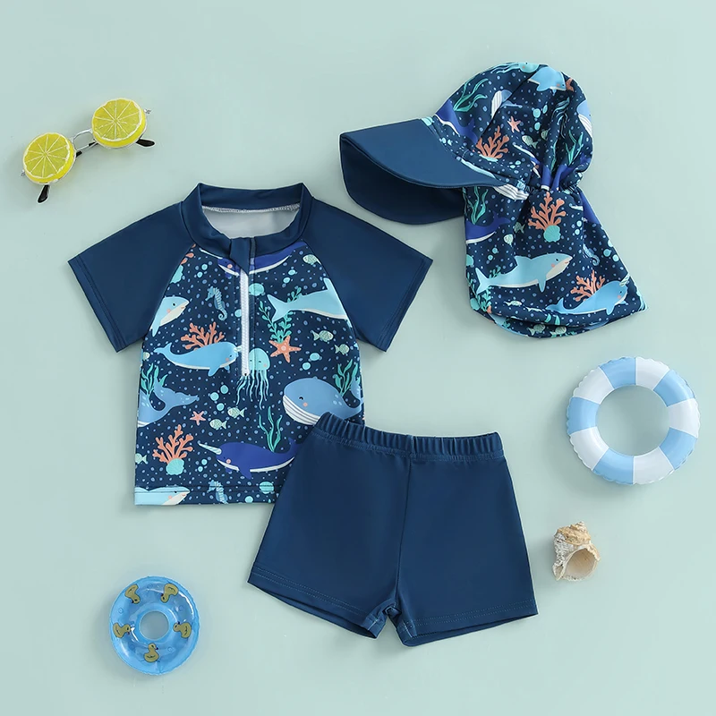 Toddler Kids Baby Boy Rash Guard Swimsuits Cartoon Whale/Turtle Print Short Sleeve Zip Tops with Shorts and Hat 3Pcs Set