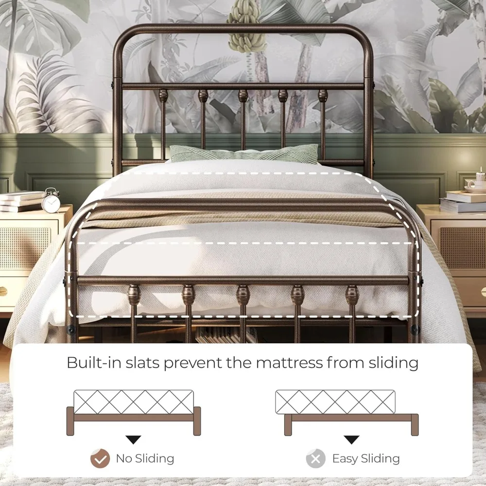 إطار سرير بمنصة معدنية على الطراز الفيكتوري مع لوح رأسي مرتفع، وحدة تخزين تحت السرير، لا حاجة إلى صندوق زنبركي، مقاس مزدوج برونزي
