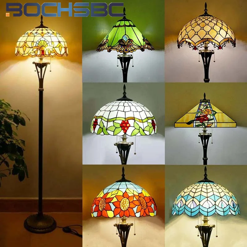 

BOCHSBC Tiffany style stained glass American Baroque retro floor lamp for bedroom study living room cafe standing lamp LED decor