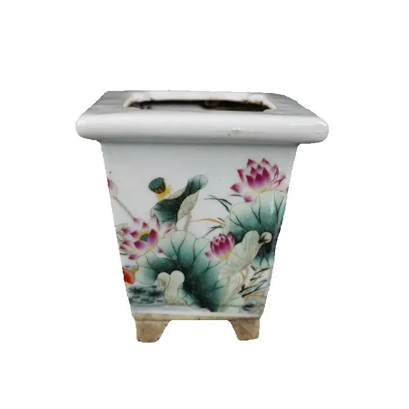 

Chinese Old Porcelain Pink mandarin duck and lotus patterned square flower pot