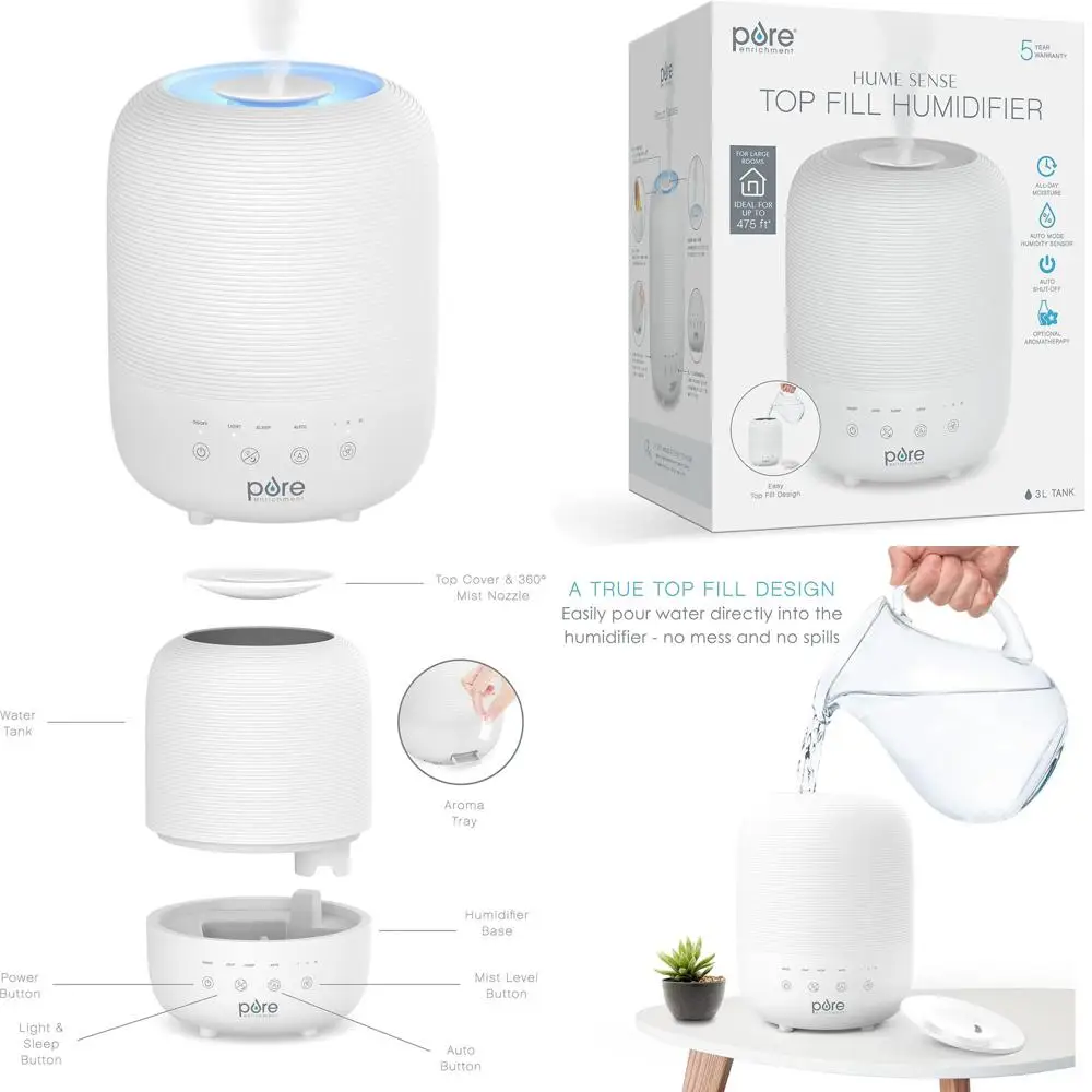 

Увлажнитель воздуха с верхней заливкой, резервуаром на 3 л, автоматическим контролем влажности, 3 режимами распыления, ночником, функцией ароматерапии, режимом сна и автоматическим отключением