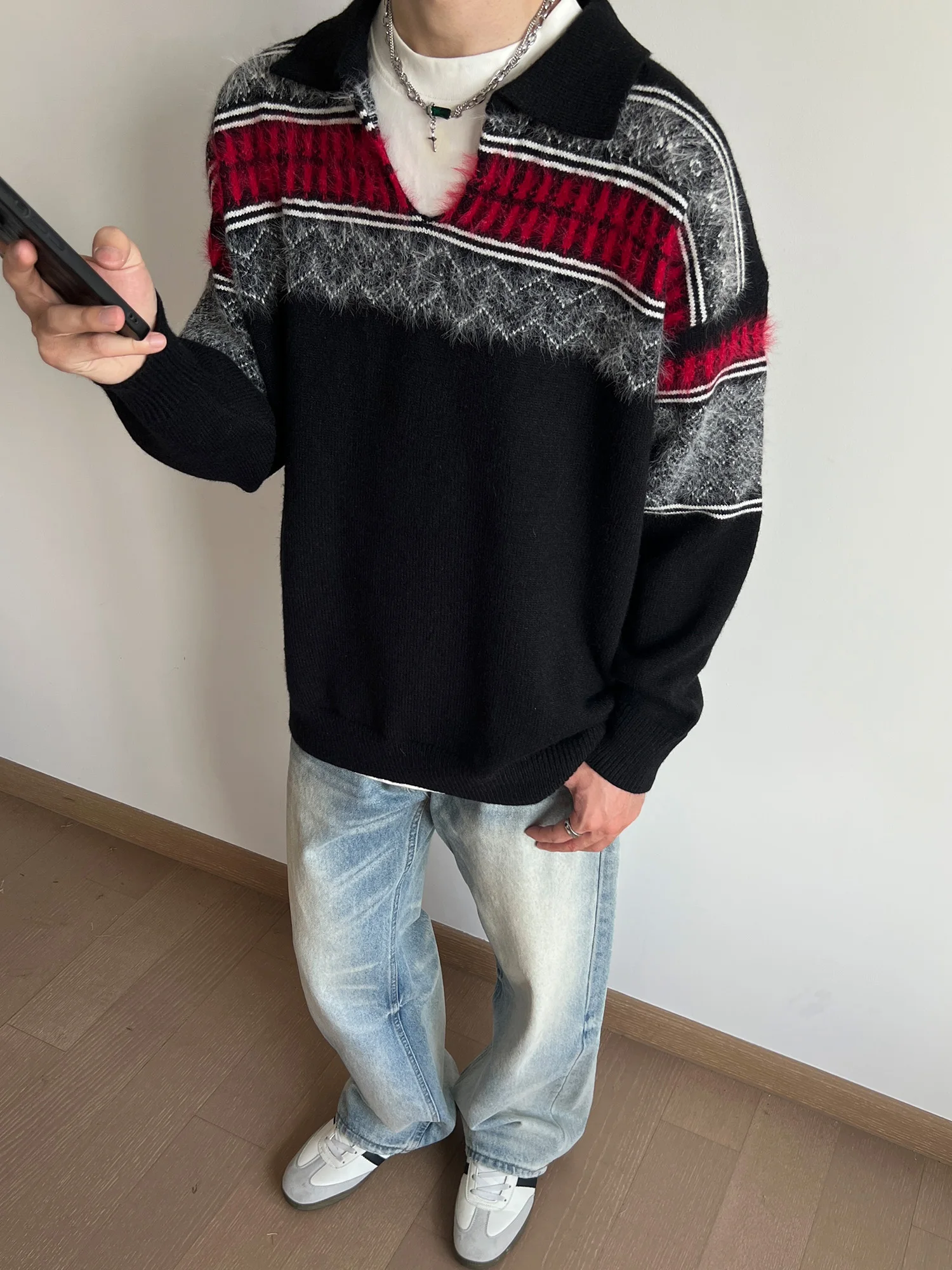 

Американский ретро-свитер унисекс с цветными блоками, V-образным вырезом, свободного кроя, повседневный, осенний, теплый, мягкий, средней плотности вязки