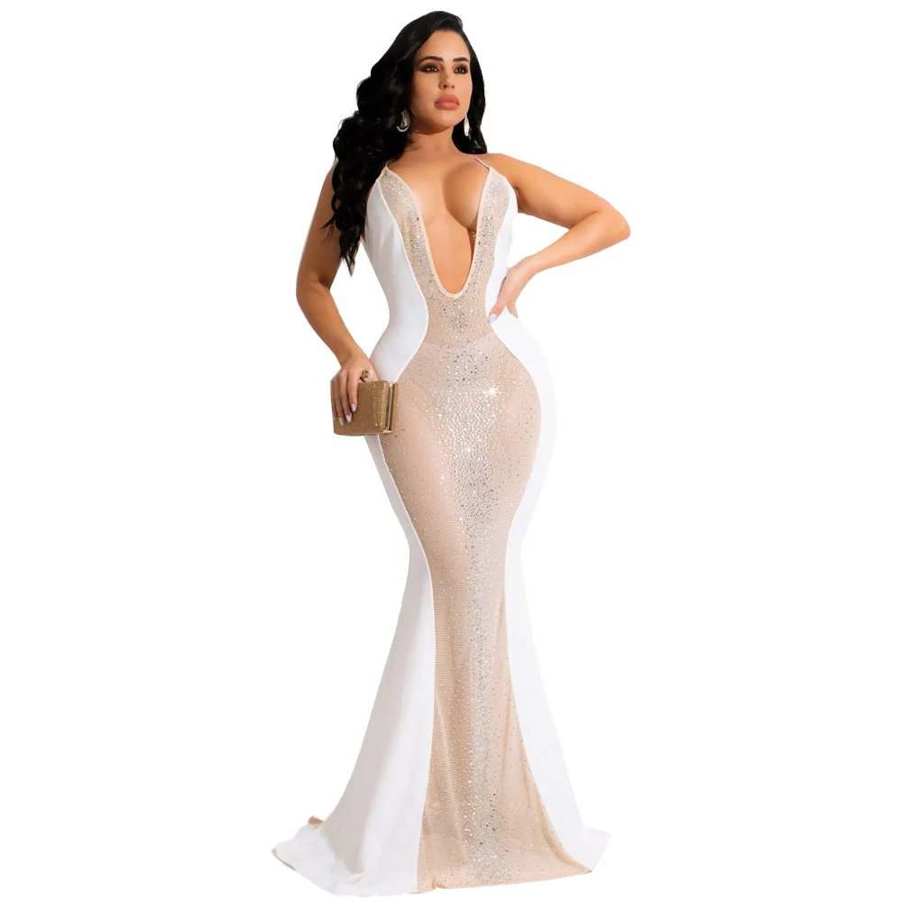 EINYOO Chic élégant femmes maille diamants longues robes col en v profond fête transparent robes de mariage femme vêtements de soirée Y2k