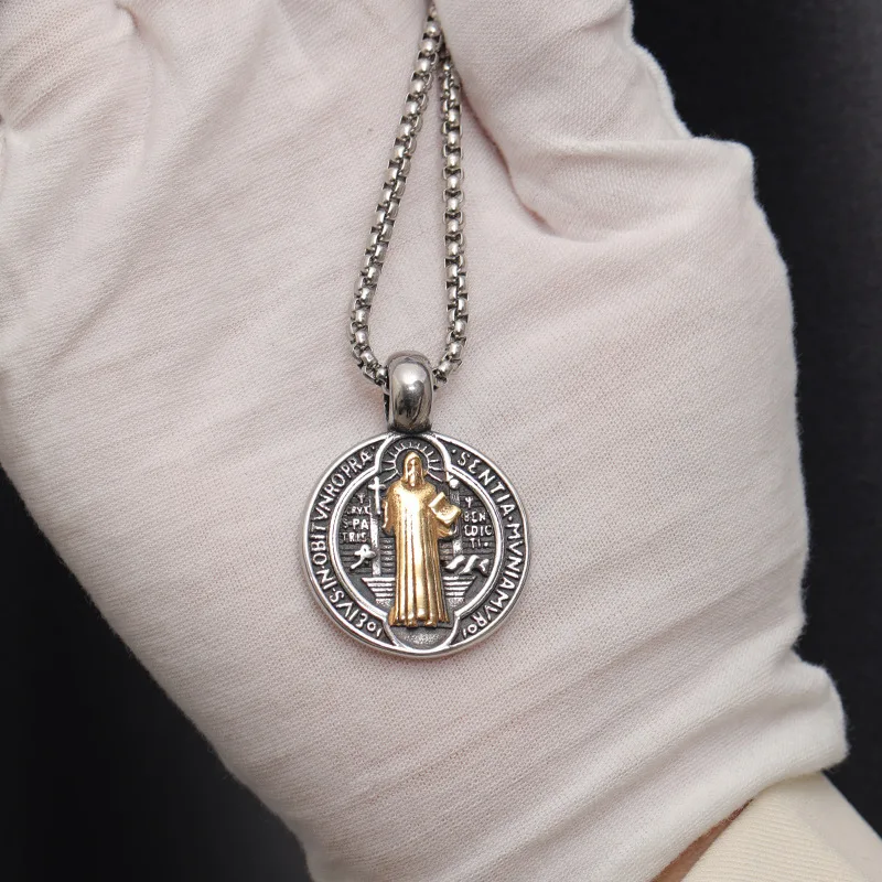 New stainless steel religious jewelry European and n retro double-sided St. Benedict exorcism necklace for men