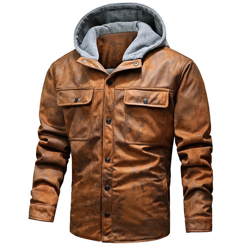 

Men's Suede Jackets Fleece Lined Thick Leather Hooded Coat Vintage Motorcycle Pu Jacket Biker