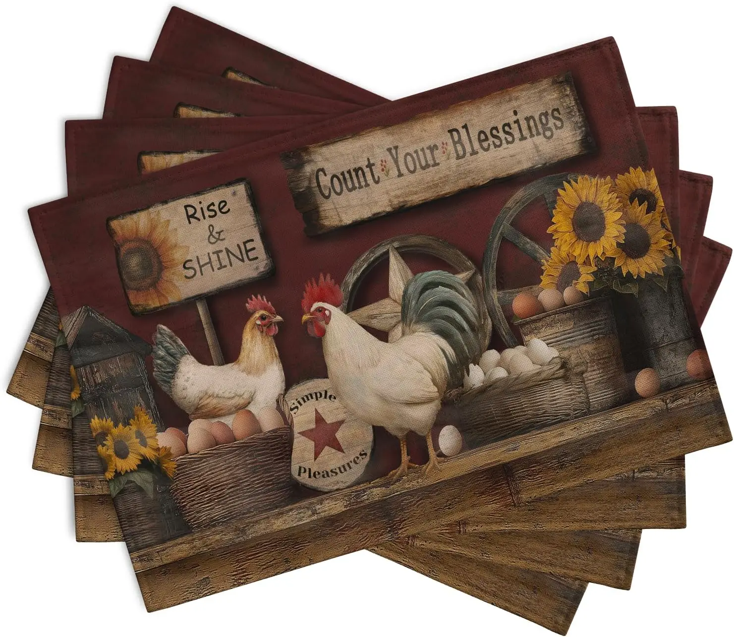 Rooster Placemats Set of 4 Farm Animal Chicken Place Mats 12x18 Inch Vintage Rustic Country Linen Table Mat Washable