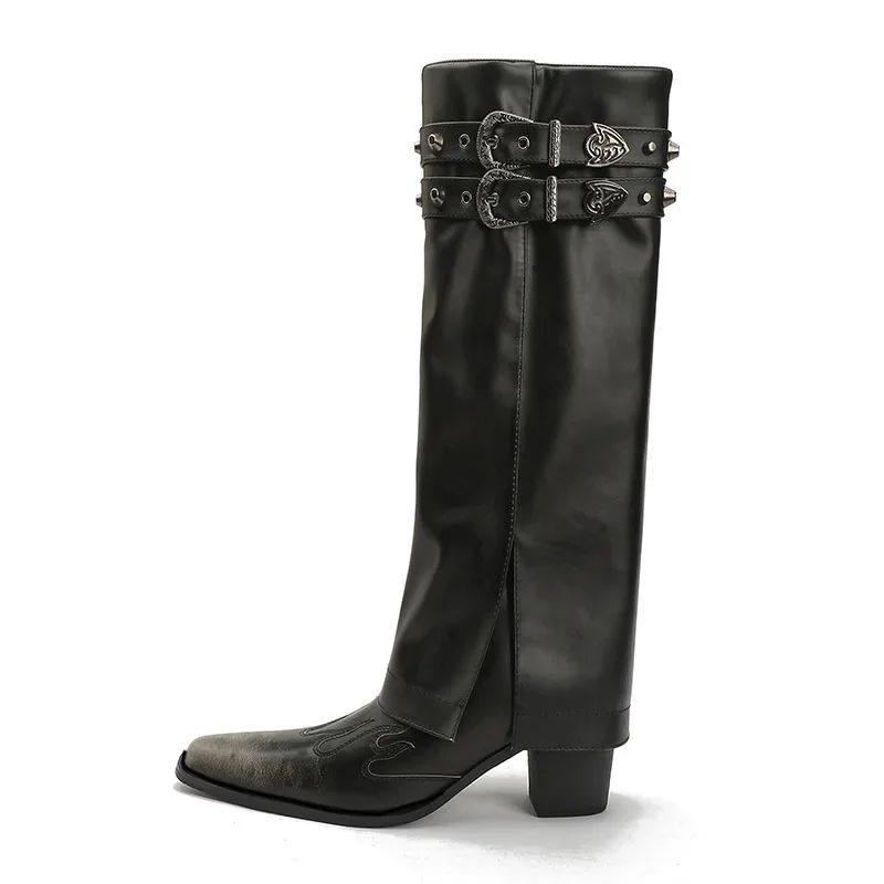 

Retro Pointed Embroidered Western Cowboy Boots New Metal Belt Buckle Knight Trouser Boots Sexy Large Size Women's Boots 35&40
