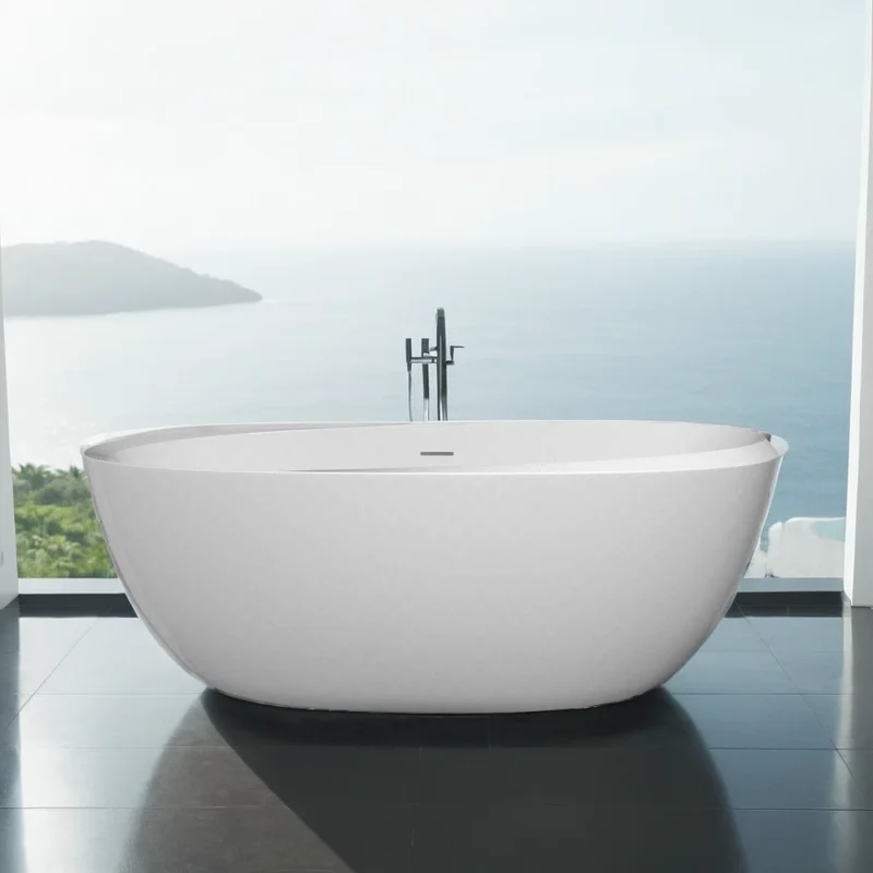 

59" Acrylic Freestanding Bathtub Gloss White Modern Stand Alone Soaking Tub Adjustable with Integrated Slotted Overflow and Chro