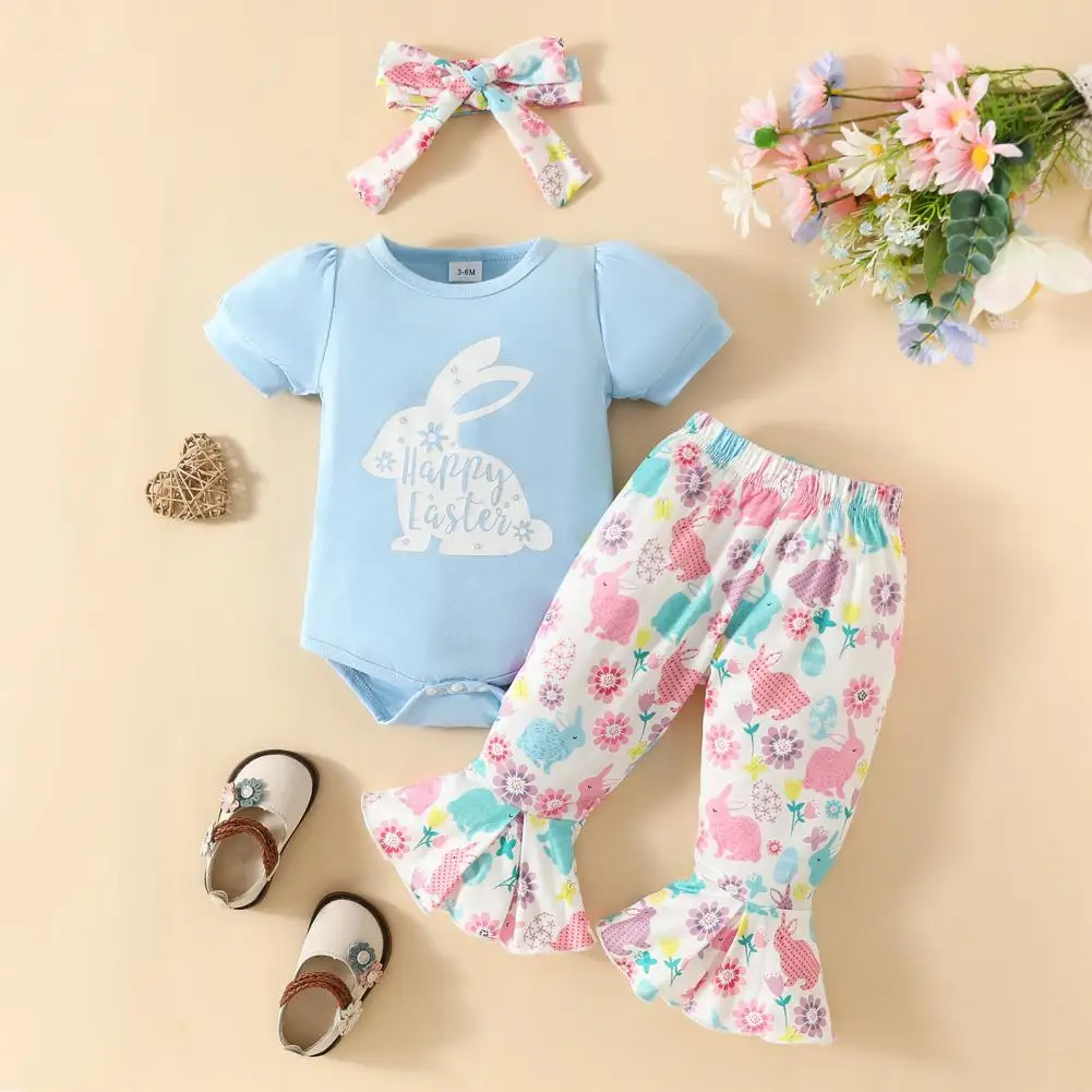 Easter Baby Suit Happy Easter Baby Outfit Happy Easter Bunny Print Baby Girl Outfit Set with Short Sleeves Shirt Bell-bottoms