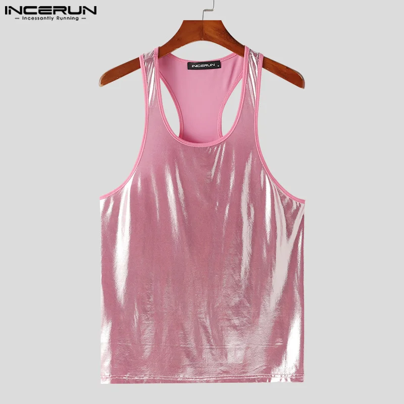 2024 Men Tank Tops Shiny Solid O-neck Sleeveless Streetwear Casual Male Vests Summer Party Fashion Men Clothing S-5XL INCERUN