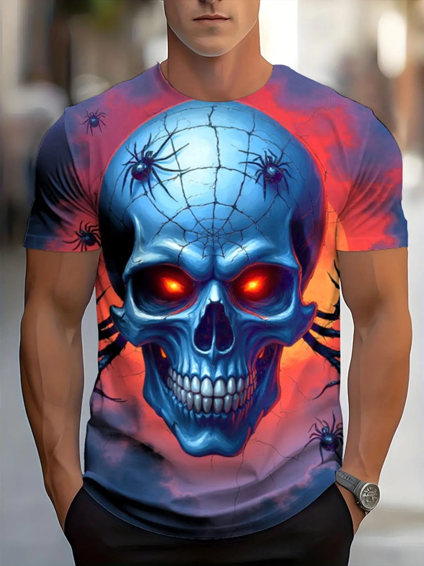 Men Short Sleeve T‑Shirt 3D Skull Spider Web Print Halloween Gothic Glowing‑Eyes Casual Party Top